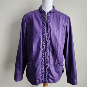 Purple Faux Leather Jacket Womens 16 Ruffle Trim Zip Front Vegan Moto Coat Biker